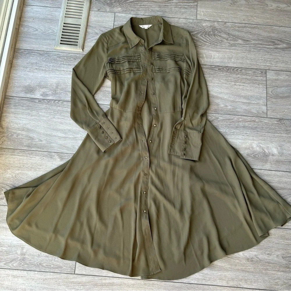 Nanette Lepore Military Green Button Down Midi Shirtdress with Slips - Picture 7 of 16